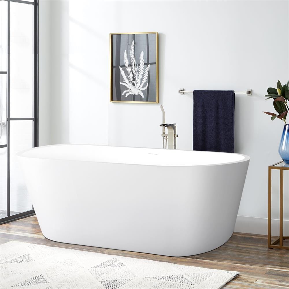 65&quot; Acrylic Oval Flatbottom Freestanding Soaking Bathtub in Glossy White