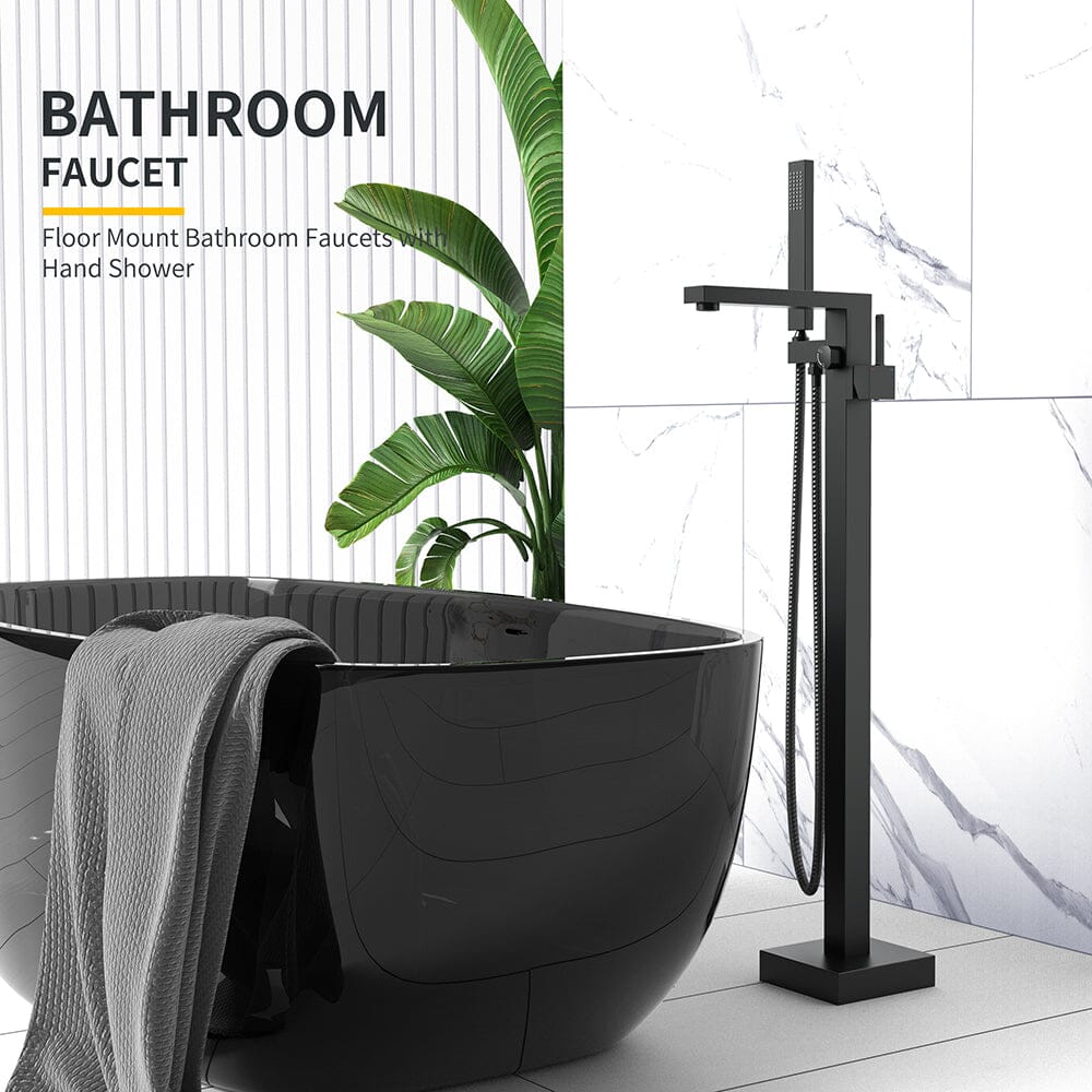 Matte Black Freestanding Bathtub Faucet Floor Mount Tub Filler Single Handle with Hand Shower