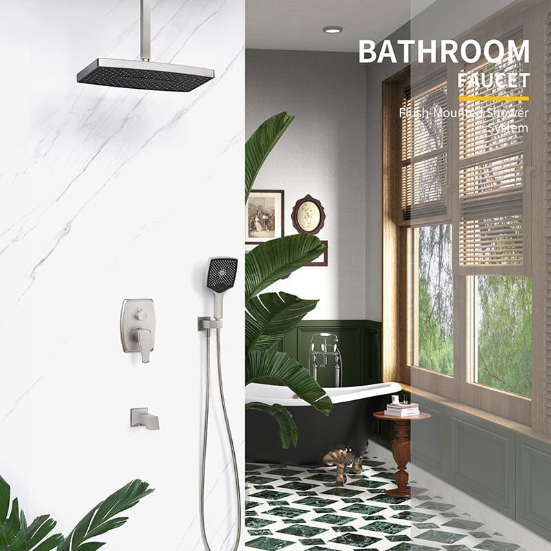 Shower Set 14&quot; Rectangular Ceiling Shower Head with Hand Shower &amp; Tub Spout