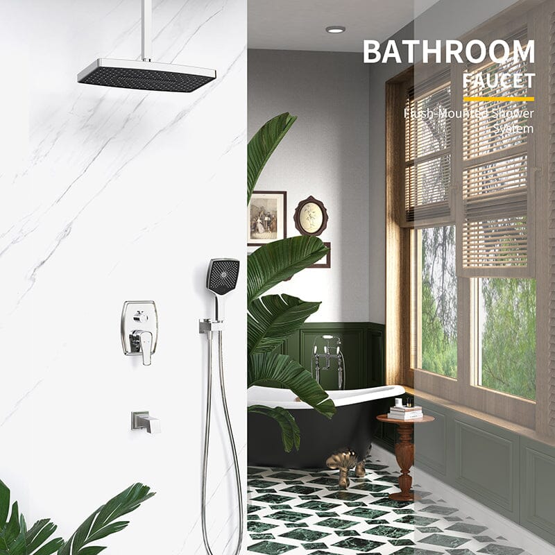 Shower Set 14&quot; Rectangular Ceiling Shower Head with Hand Shower &amp; Tub Spout