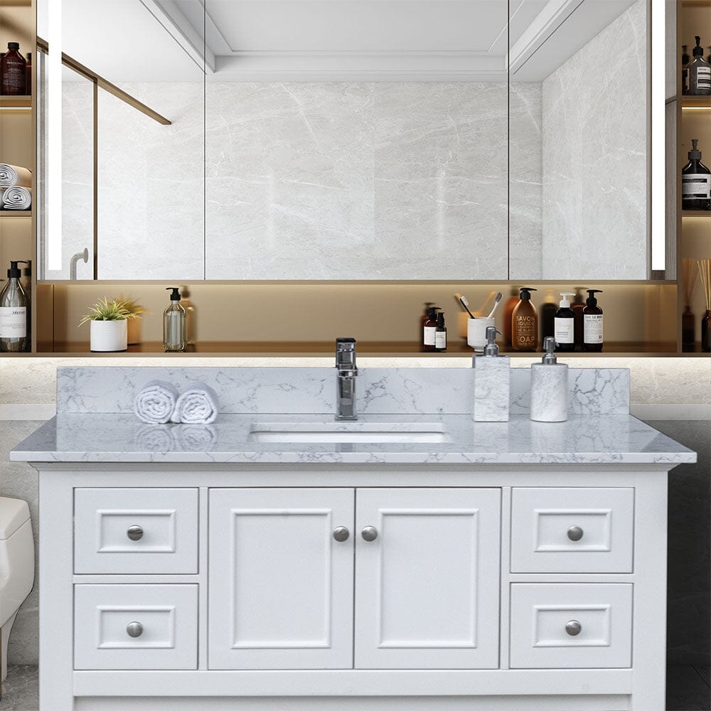 Giving Tree 43&quot;x 22&quot; bathroom stone vanity top carrara jade engineered marble color with undermount ceramic sink and single faucet hole with backsplash