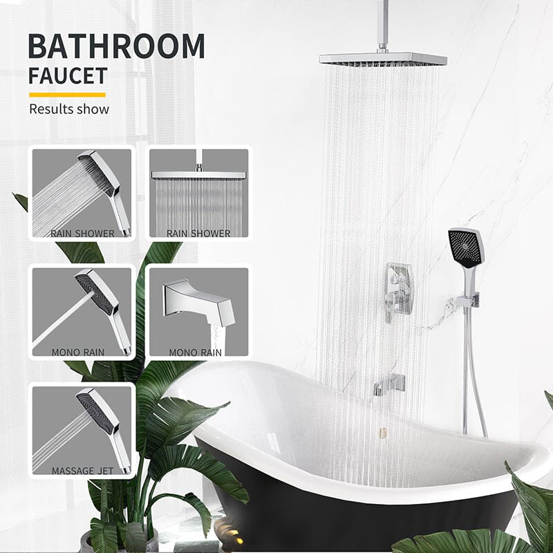 Shower Set 14&quot; Rectangular Ceiling Shower Head with Hand Shower &amp; Tub Spout