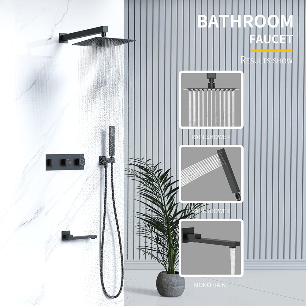 Bathroom 12&quot; Square Wall Mounted Shower Set with Hand Shower &amp; Tub Spout