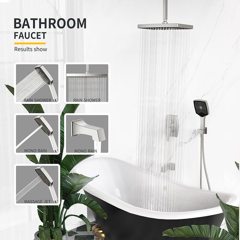 Shower Set 14&quot; Rectangular Ceiling Shower Head with Hand Shower &amp; Tub Spout