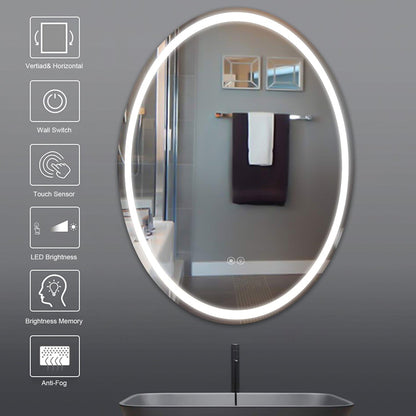24 x 32 Inch Oval Wall-Mounted Bathroom Vanity Mirror LED Dimmable Anti-Fog