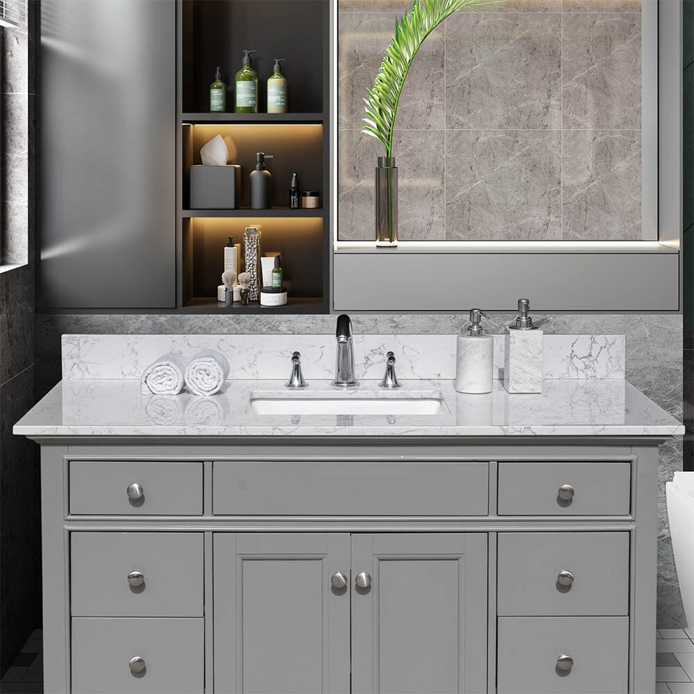 Giving Tree 49"x 22" bathroom stone vanity top carrara jade engineered marble color with undermount ceramic sink and 3 faucet hole with backsplash