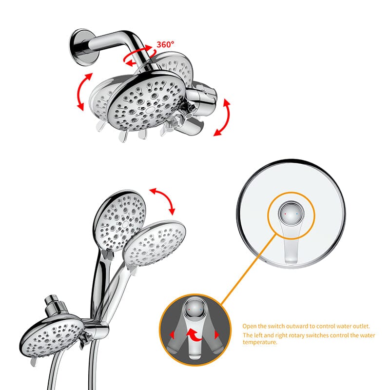 6 Spray Mode Dual Rain &amp; Handheld Shower Heads Combo with Hose