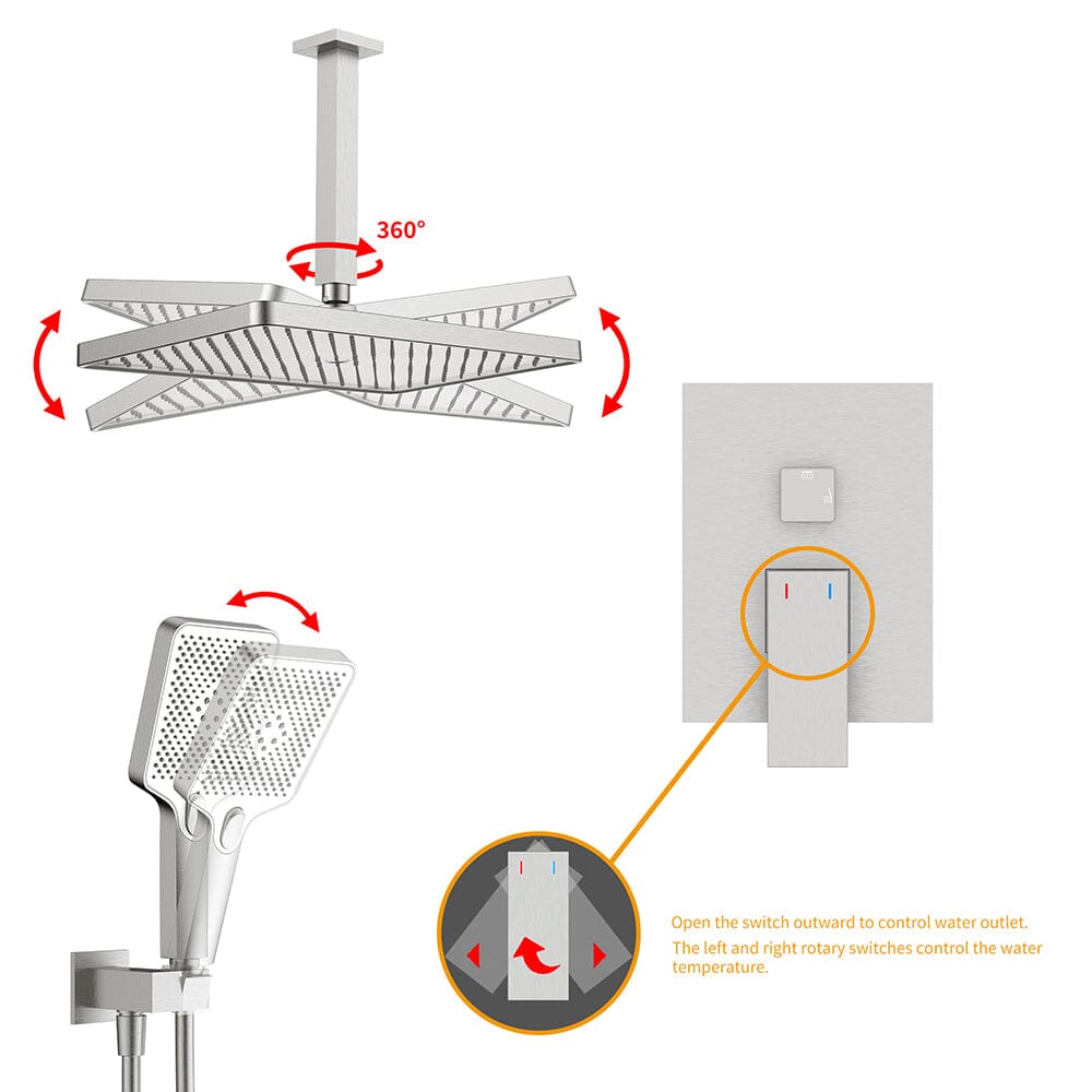 Shower Set 14.2&quot; Rectangular Ceiling Shower Head with 3 Functions Hand Shower