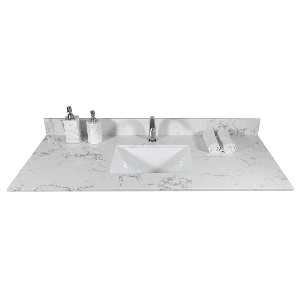 Giving Tree 43‘’x22&quot; bathroom stone vanity top engineered stone carrara white marble color with rectangle undermount ceramic sink and single faucet hole with back splash
