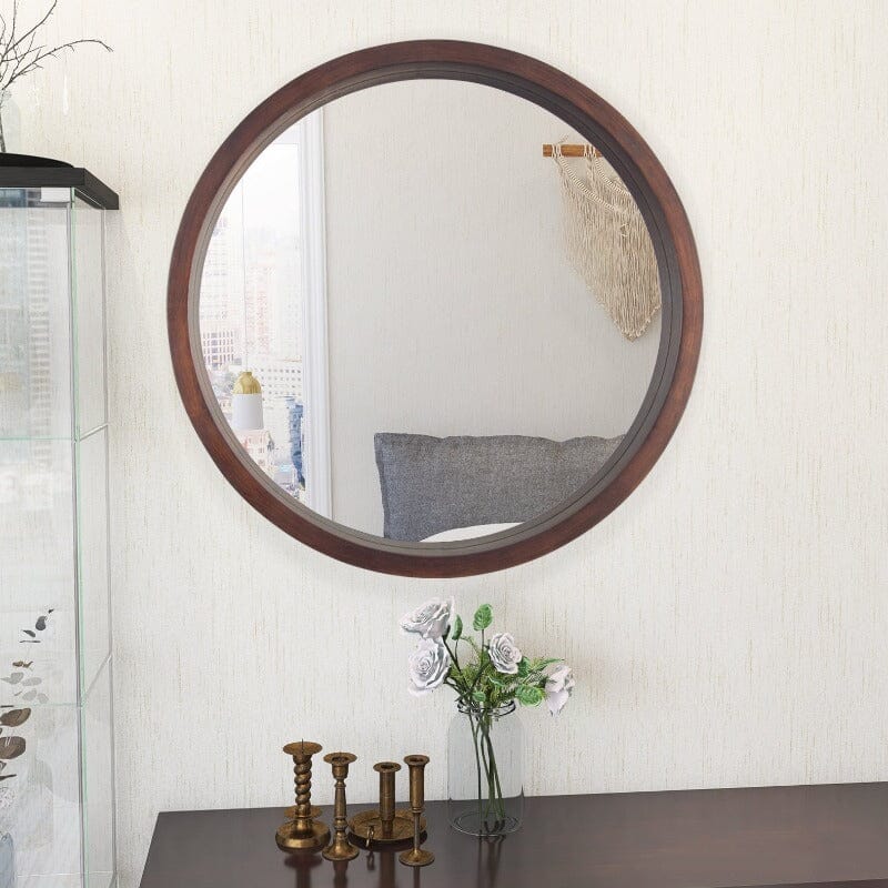 24&quot; Round Modern Mirror with Wood Frame Decoration for Bathroom Living Room Bedroom