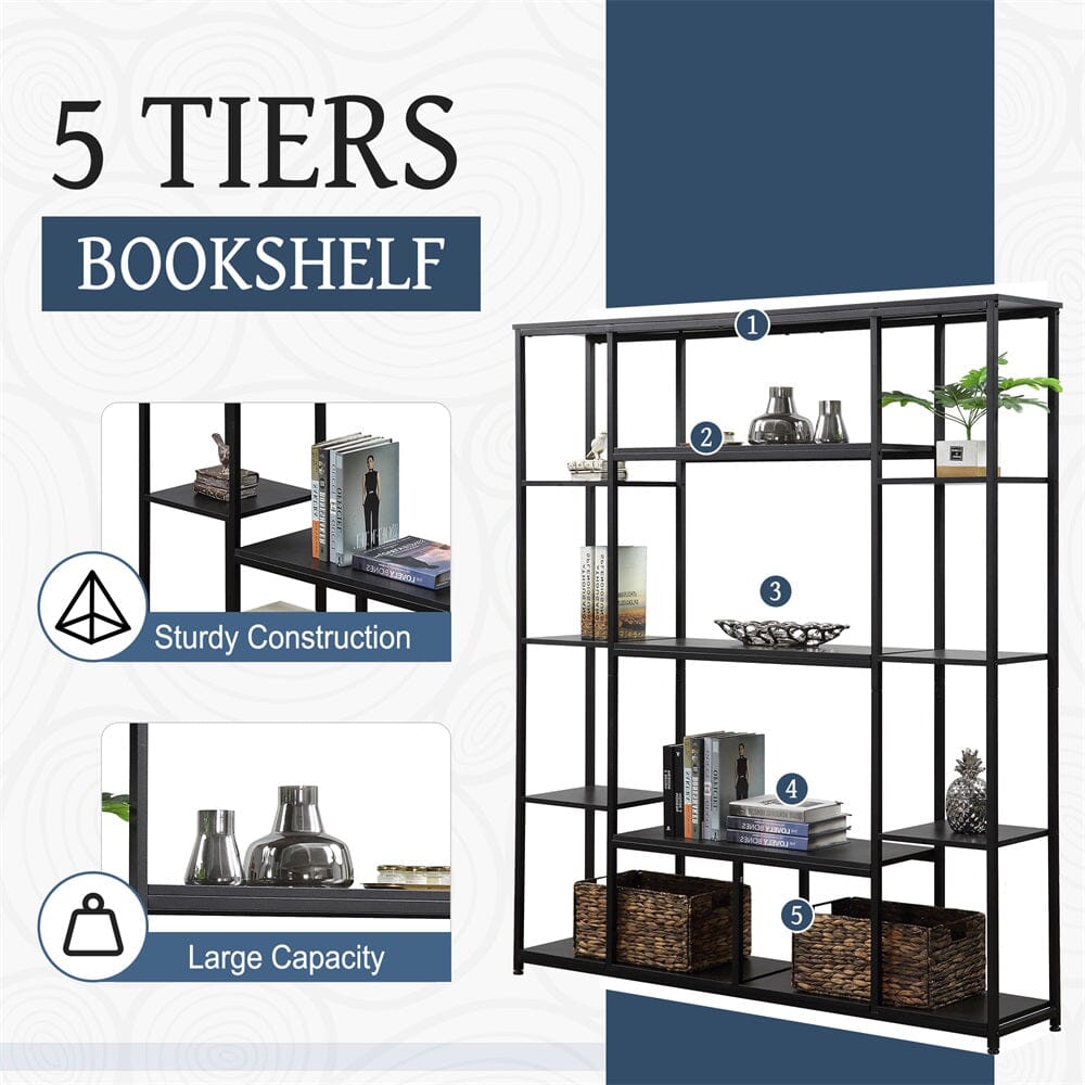 Giving Tree Bookcase and Bookshelf, Home Office 5 Tier Bookshelf, Open Freestanding Storage Shelf with Metal Frame, Black