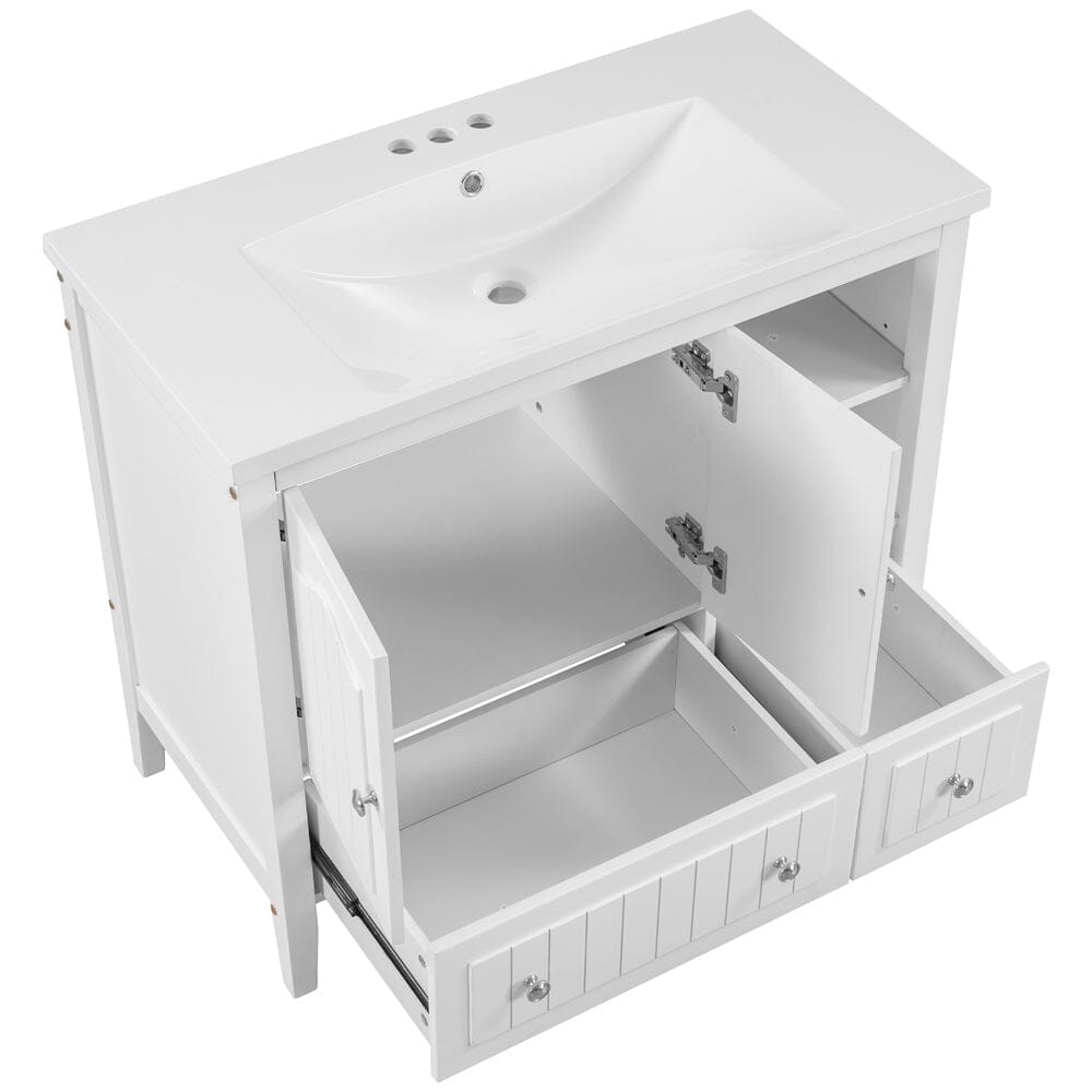 Interior space detail of 36 inch white bathroom vanity with top ceramic sink, two doors and drawers