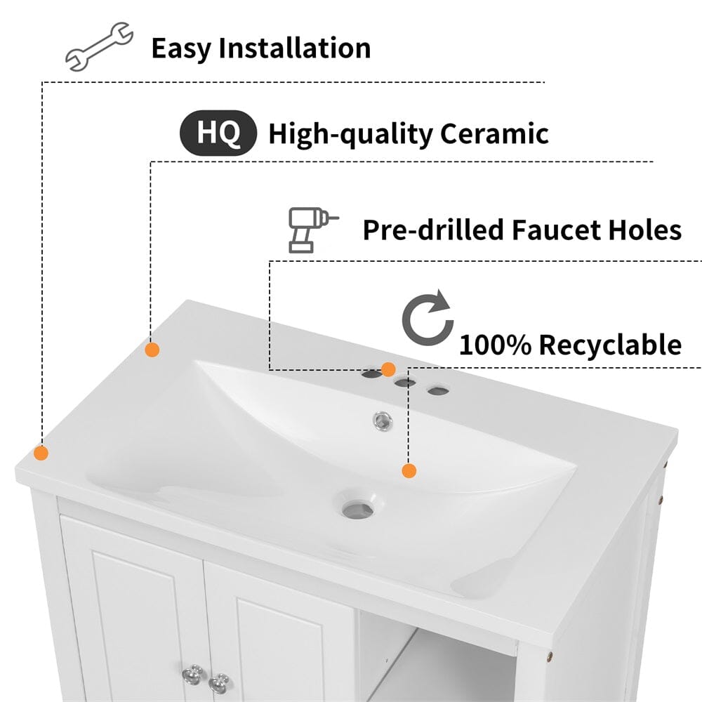 Giving Tree 30&quot; Single Bathroom Vanity Top with White Basin, 3-Faucet Holes, Ceramic