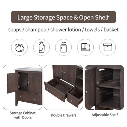 36&quot; Brown Bathroom Vanity with Ceramic Basin, Bathroom Storage Cabinet with Two Doors and Drawers