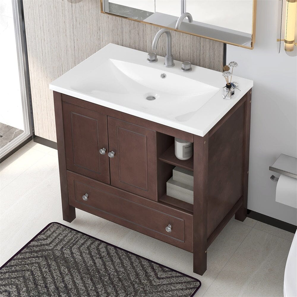 Giving Tree 30&quot; Bathroom Vanity with Sink, Bathroom Storage Cabinet with Doors and Drawers, Solid Wood Frame, Ceramic Sink, Brown
