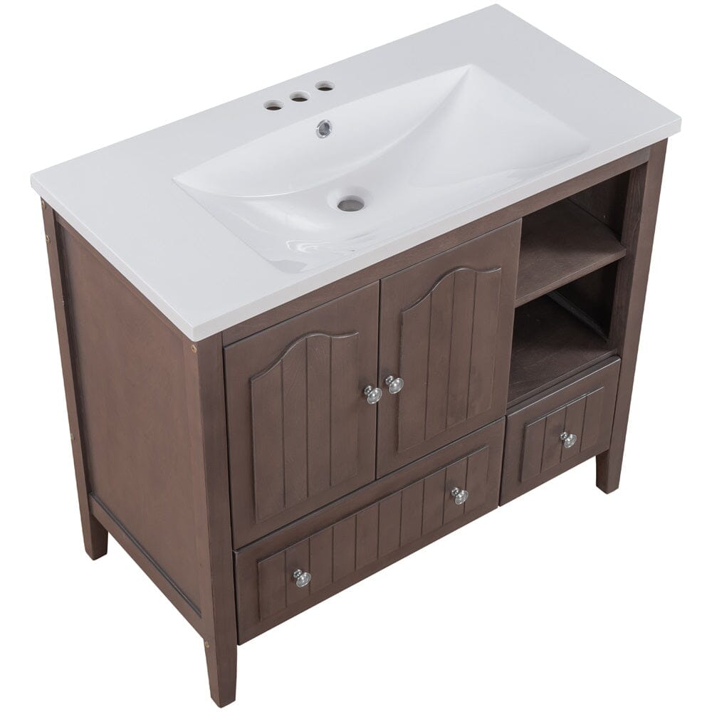 36&quot; Brown Bathroom Vanity with Ceramic Basin, Bathroom Storage Cabinet with Two Doors and Drawers