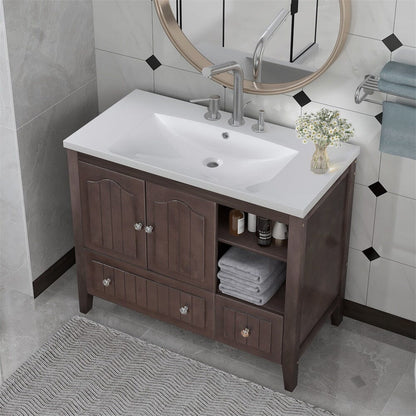 36&quot; Brown Bathroom Vanity with Ceramic Basin, Bathroom Storage Cabinet with Two Doors and Drawers