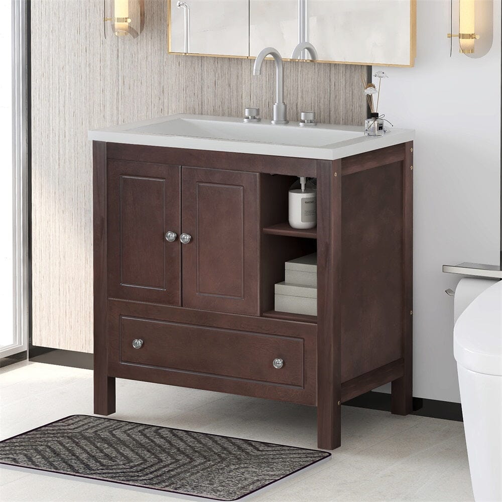 Giving Tree 30&quot; Bathroom Vanity with Sink, Bathroom Storage Cabinet with Doors and Drawers, Solid Wood Frame, Ceramic Sink, Brown