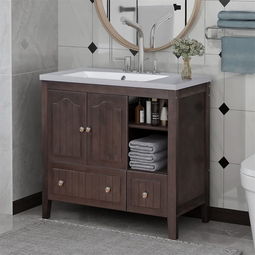 36" Brown Bathroom Vanity with Ceramic Basin