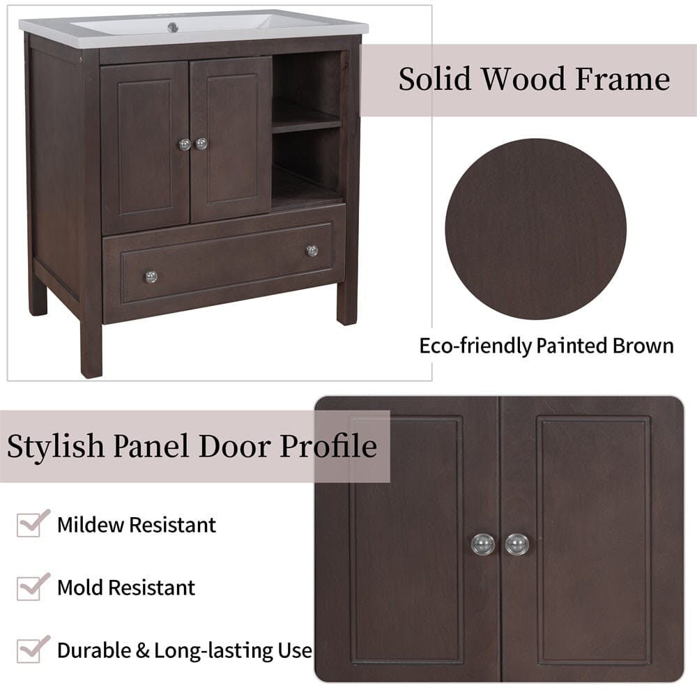 Giving Tree 30&quot; Bathroom Vanity with Sink, Bathroom Storage Cabinet with Doors and Drawers, Solid Wood Frame, Ceramic Sink, Brown