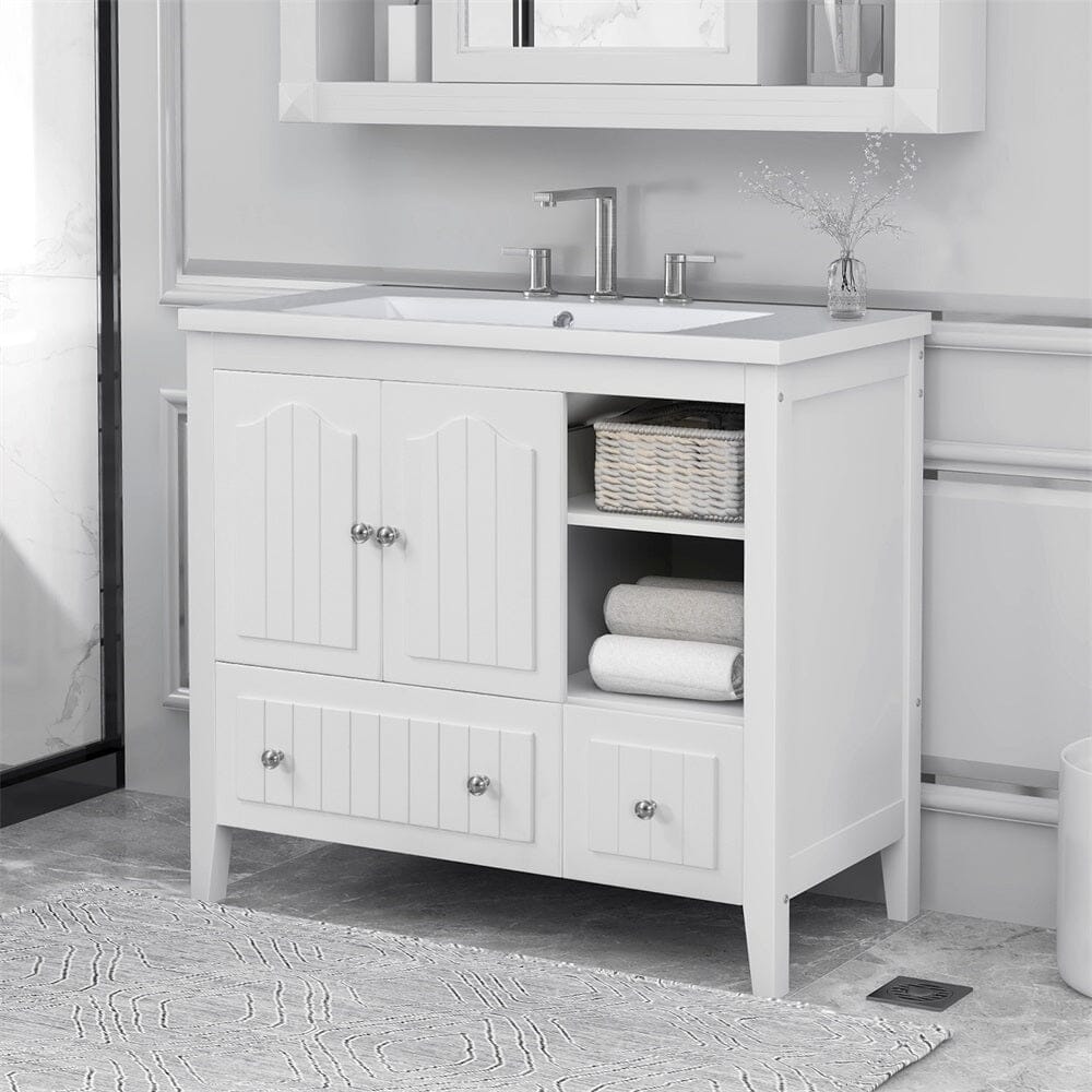 36&quot; White Bathroom Vanity with Ceramic Basin, Bathroom Storage Cabinet with Two Doors and Drawers