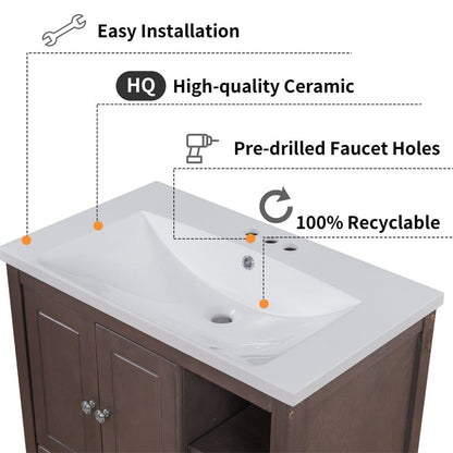 Giving Tree 30&quot; Bathroom Vanity with Sink, Bathroom Storage Cabinet with Doors and Drawers, Solid Wood Frame, Ceramic Sink, Brown