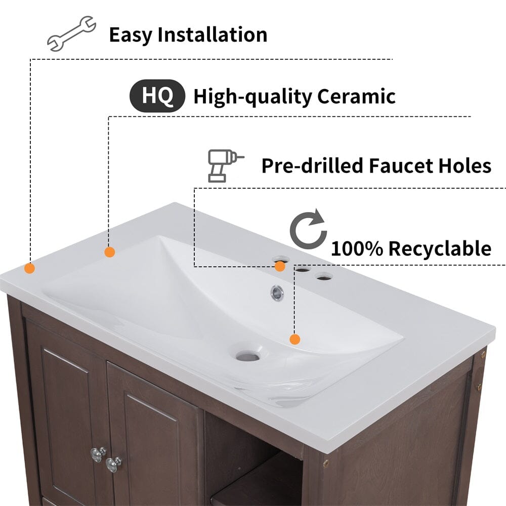 Giving Tree 30&quot; Single Bathroom Vanity Top with White Basin, 3-Faucet Holes, Ceramic, White