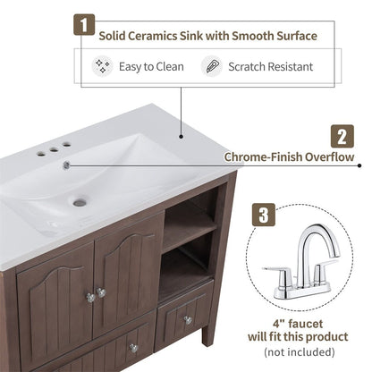 Giving Tree 36&quot; Single Bathroom Vanity Top with White Basin, 3-Faucet Holes, Ceramic