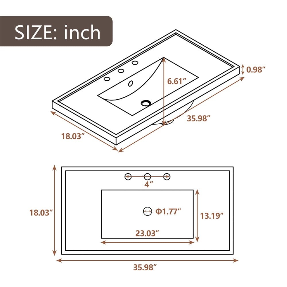 Giving Tree 36&quot; Single Bathroom Vanity Top with White Basin, 3-Faucet Holes, Ceramic