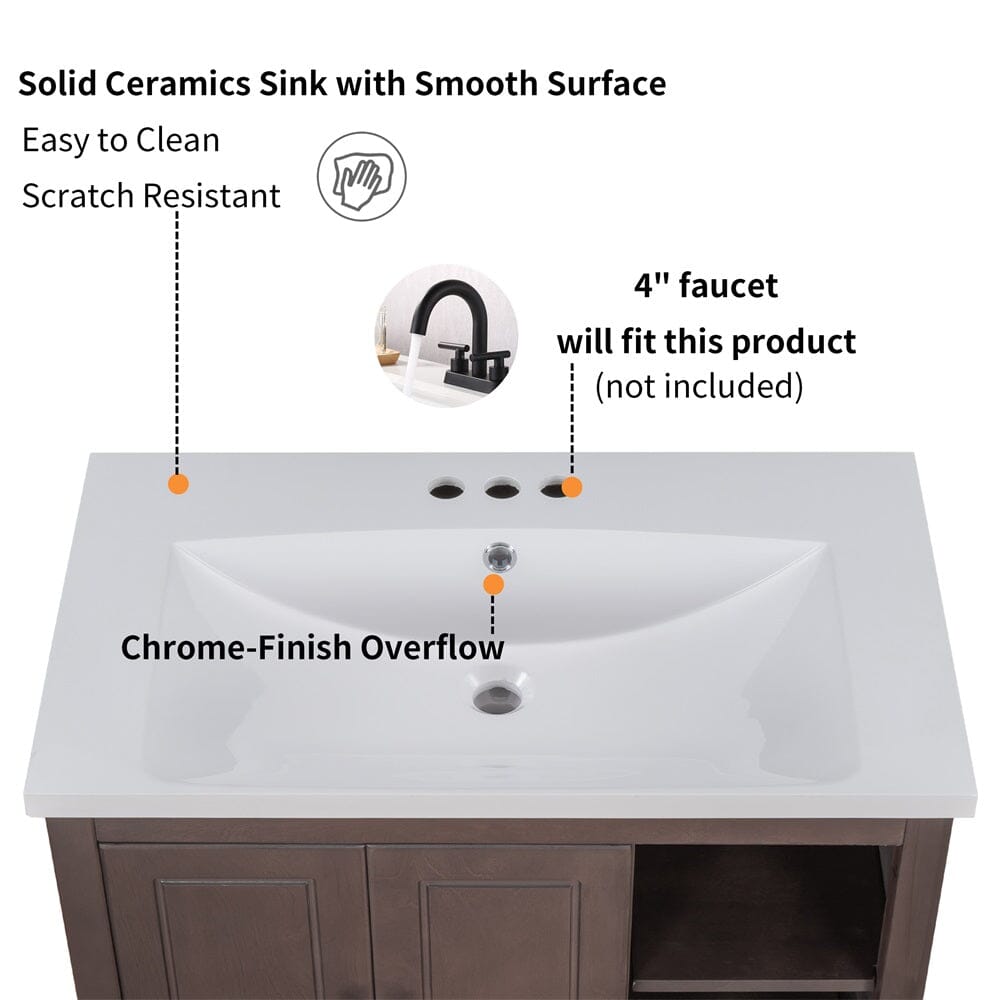 Giving Tree 30&quot; Bathroom Vanity with Sink, Bathroom Storage Cabinet with Doors and Drawers, Solid Wood Frame, Ceramic Sink, Brown