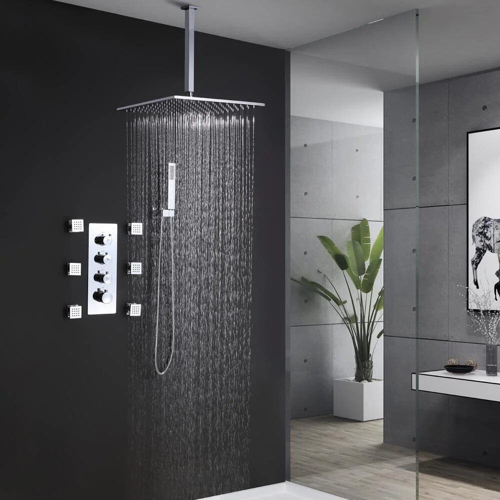 Ceiling Mounted Shower System with 4-Function Thermostatic Shower Valve & Hand Shower & Body Spray Jets