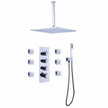 Ceiling Mounted Shower System with 4-Function Thermostatic Shower Valve &amp; Hand Shower &amp; Body Spray Jets
