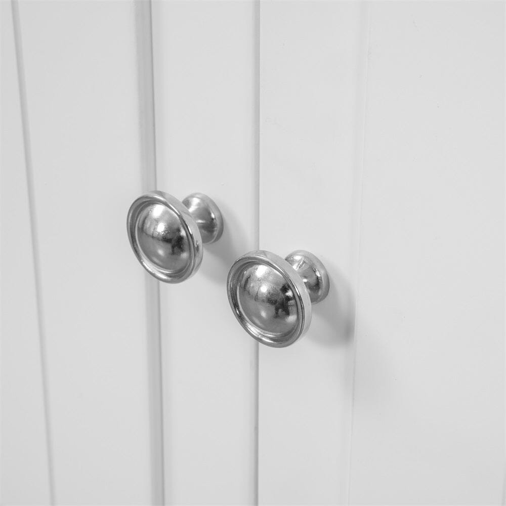 Detail of silver metal round handles on 36 inch white bathroom vanity with top sink