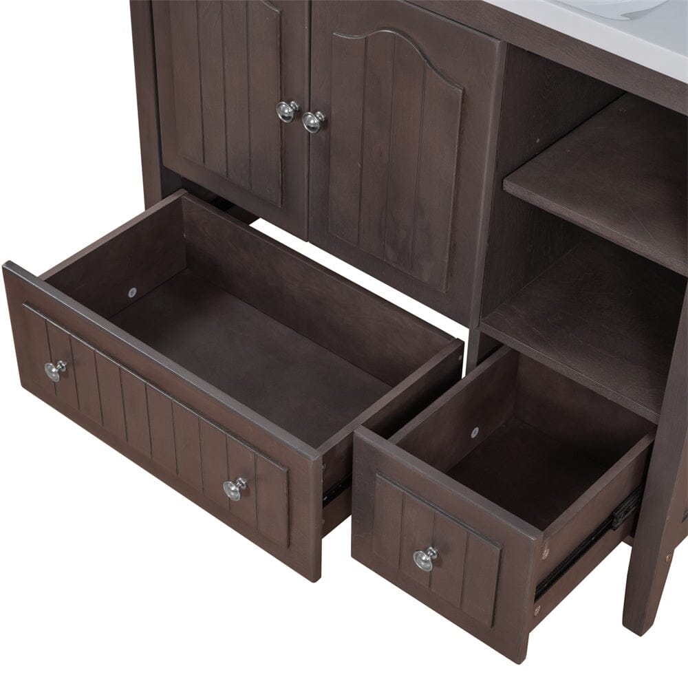 36&quot; Brown Bathroom Vanity with Ceramic Basin, Bathroom Storage Cabinet with Two Doors and Drawers