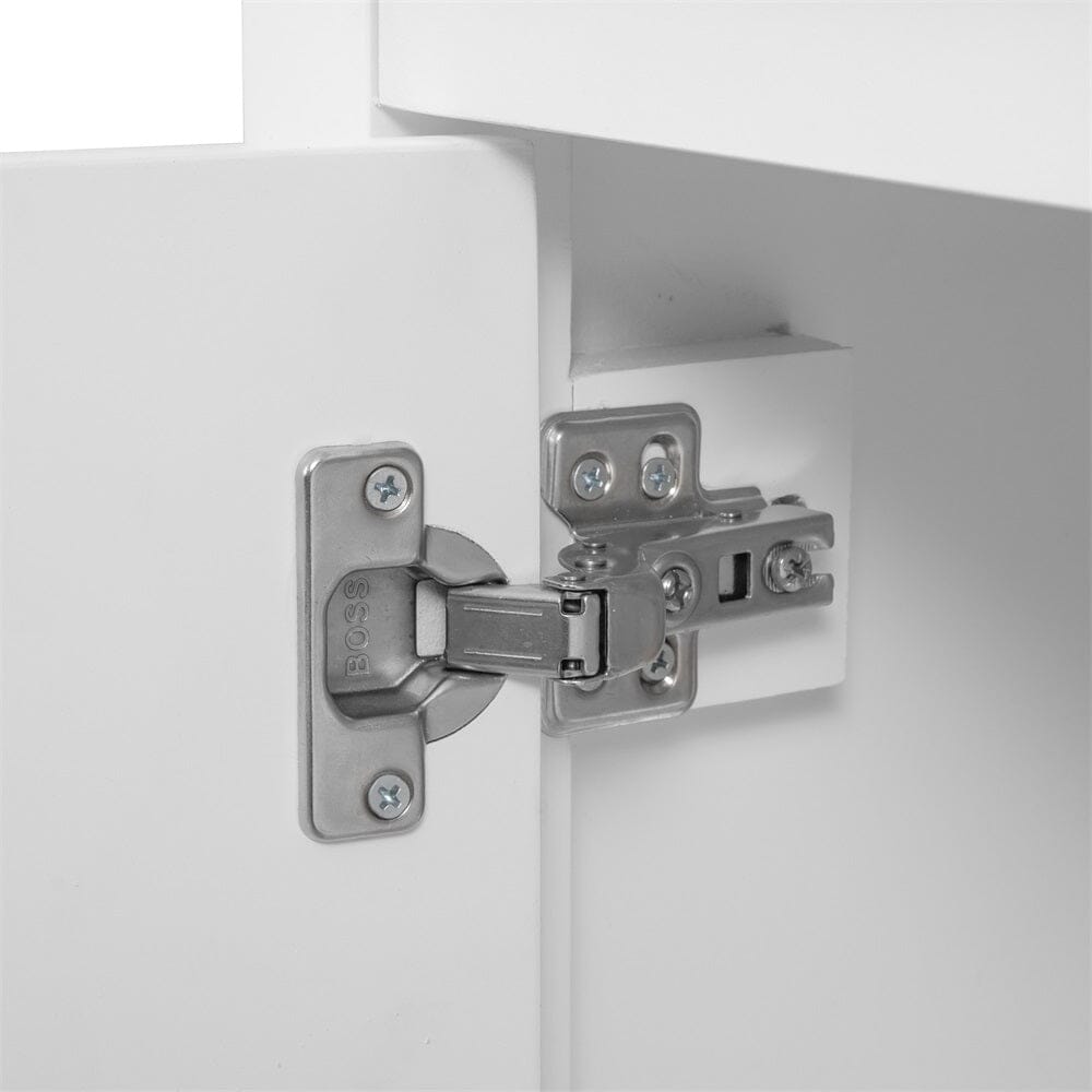 Detail of opening and closing door mechanism of 36 inch white bathroom vanity with top sink
