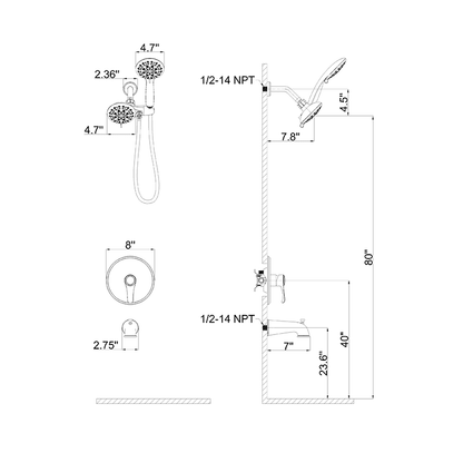 6 Spray Mode Dual Rain &amp; Handheld Shower Heads &amp; Tub Spout Combo Set