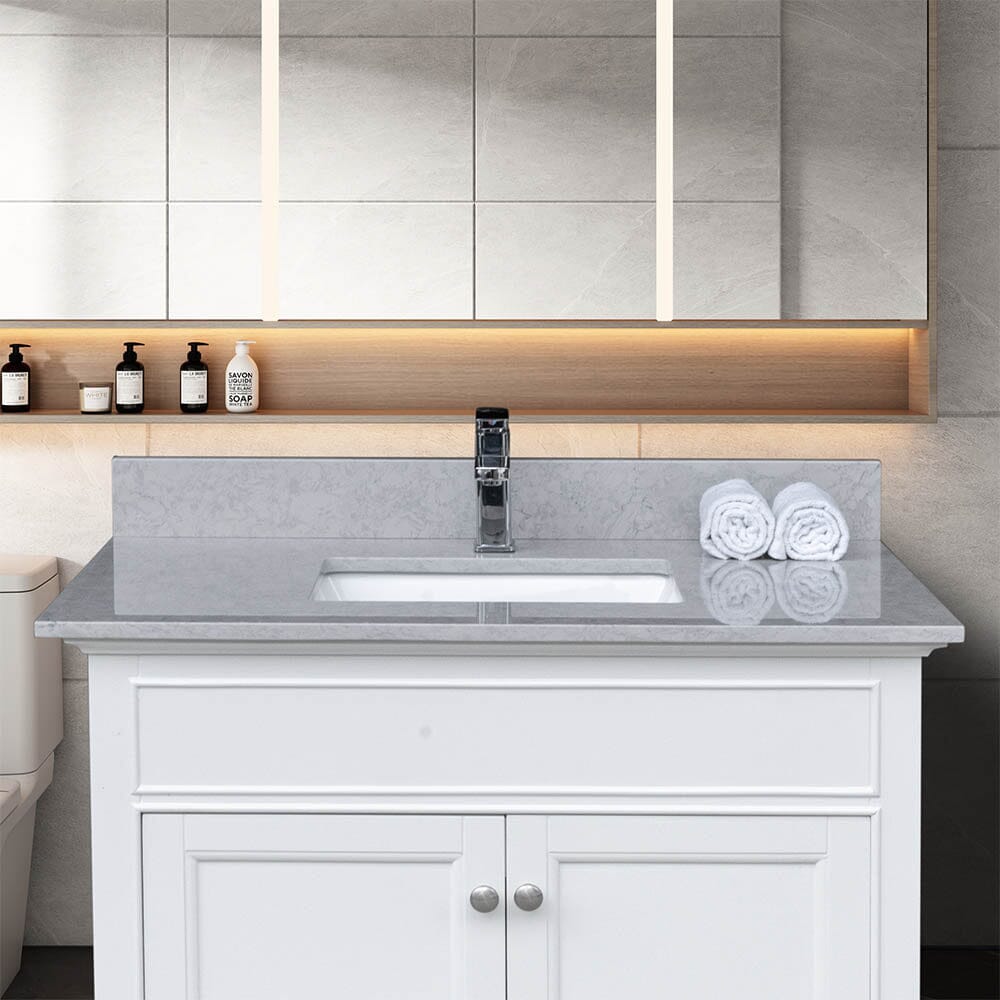 Giving Tree 31 inches bathroom stone vanity top calacatta gray engineered marble color with undermount ceramic sink and single faucet hole with backsplash