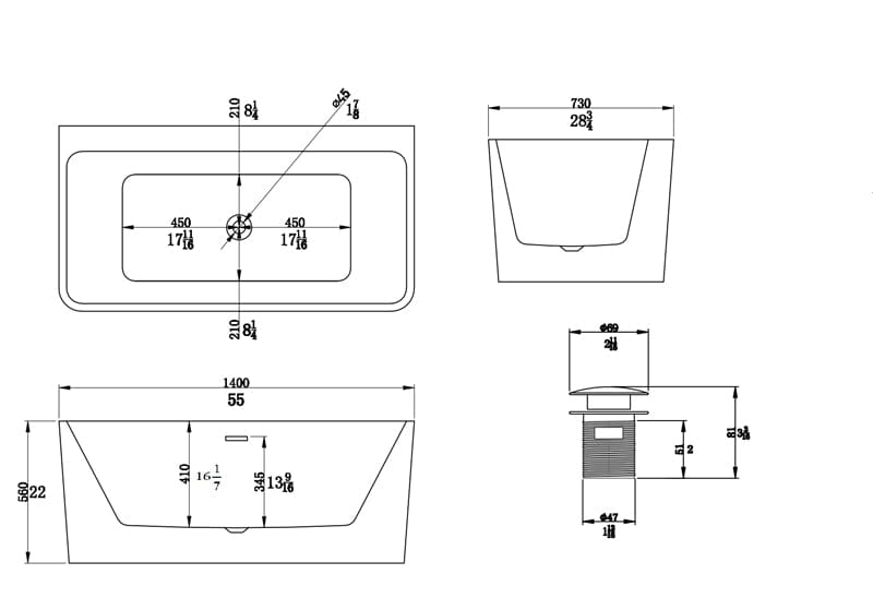 55 Inch Acrylic Rectangular Freestanding Soaking Tub Dimensions Details Chart