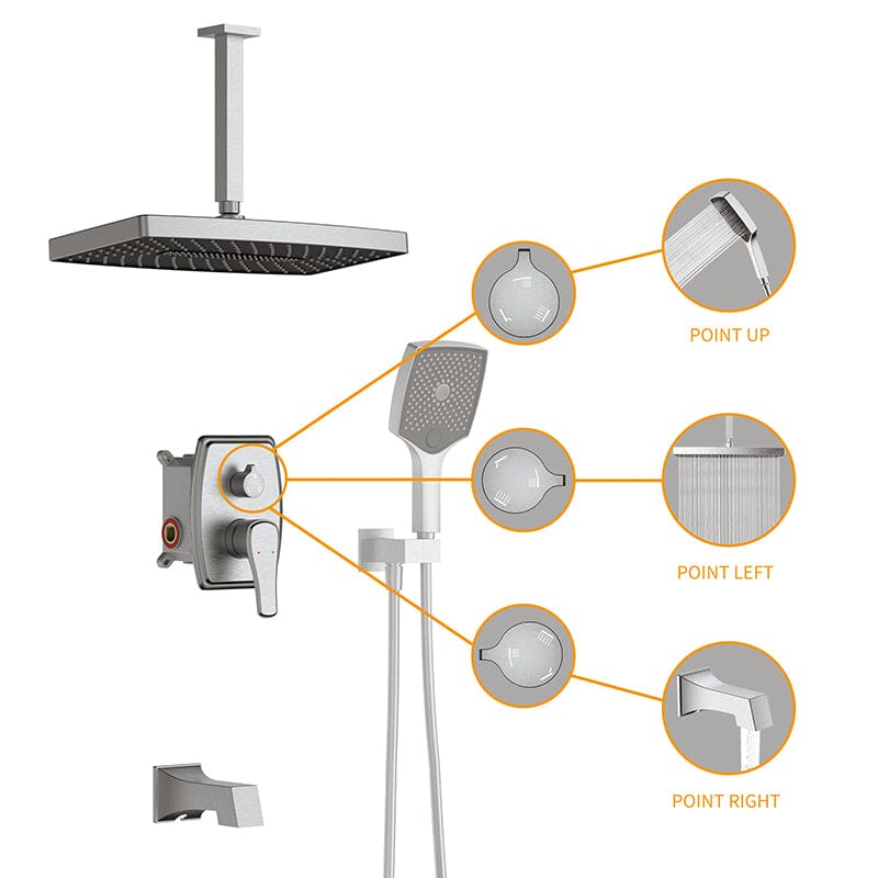 Shower Set 14&quot; Rectangular Ceiling Shower Head with Hand Shower &amp; Tub Spout