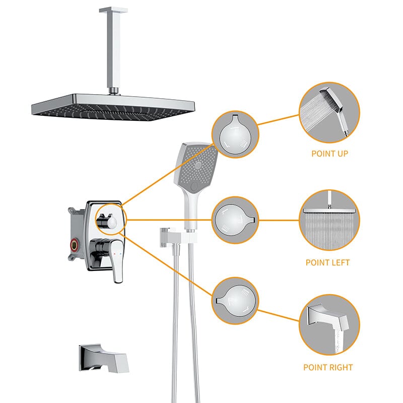 Shower Set 14&quot; Rectangular Ceiling Shower Head with Hand Shower &amp; Tub Spout