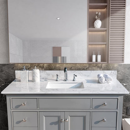 Giving Tree 49‘’x22&quot; bathroom stone vanity top engineered stone carrara white marble color with rectangle undermount ceramic sink and 3 faucet hole with back splash .