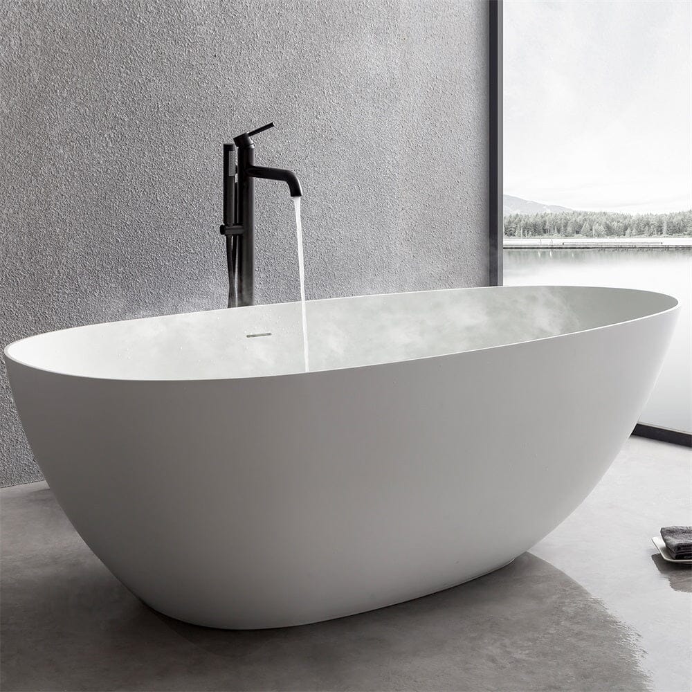 67" Solid Surface Stone Resin Oval-shaped Matte White Freestanding Soaking Bathtub with Overflow