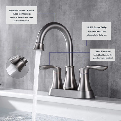 Giving Tree 2-Handle 4-Inch Brushed Nickel Bathroom Vanity Sink Faucet with Pop-up Drain and Supply Hoses