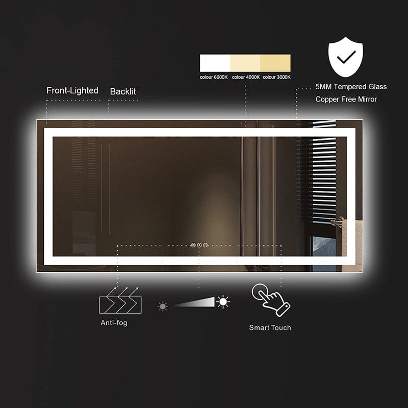 60 in. W x 30 in. H LED Light Bathroom Vanity Mirror Large Rectangular Frameless Anti Fog