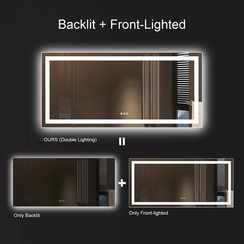 60 in. W x 28 in. H LED Rectangular Frameless Anti-Fog Bathroom Mirror Front Light