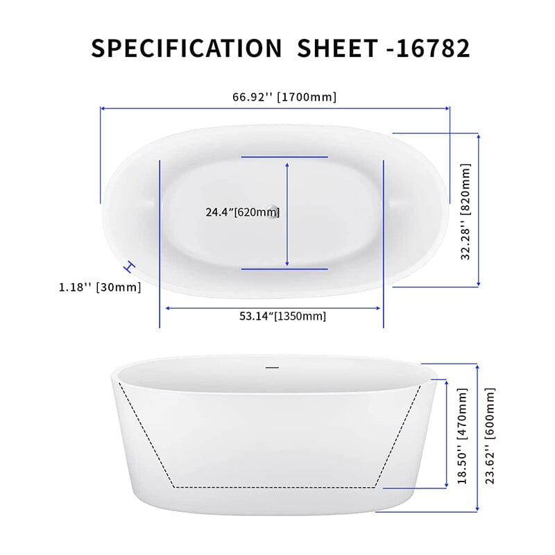 Giving Tree 67&quot; Acrylic Modern Bathtub Oval Shape Freestanding Soaking Tub