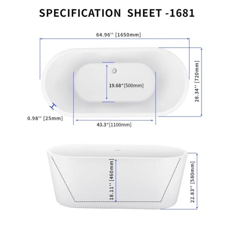 65&quot; Acrylic Oval Flatbottom Freestanding Soaking Bathtub in Glossy White