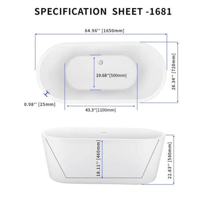 65&quot; Acrylic Oval Flatbottom Freestanding Soaking Bathtub in Glossy White