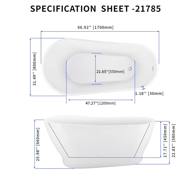 67&quot; Acrylic Single Slipper Tub Curve Shape Freestanding Bathtub