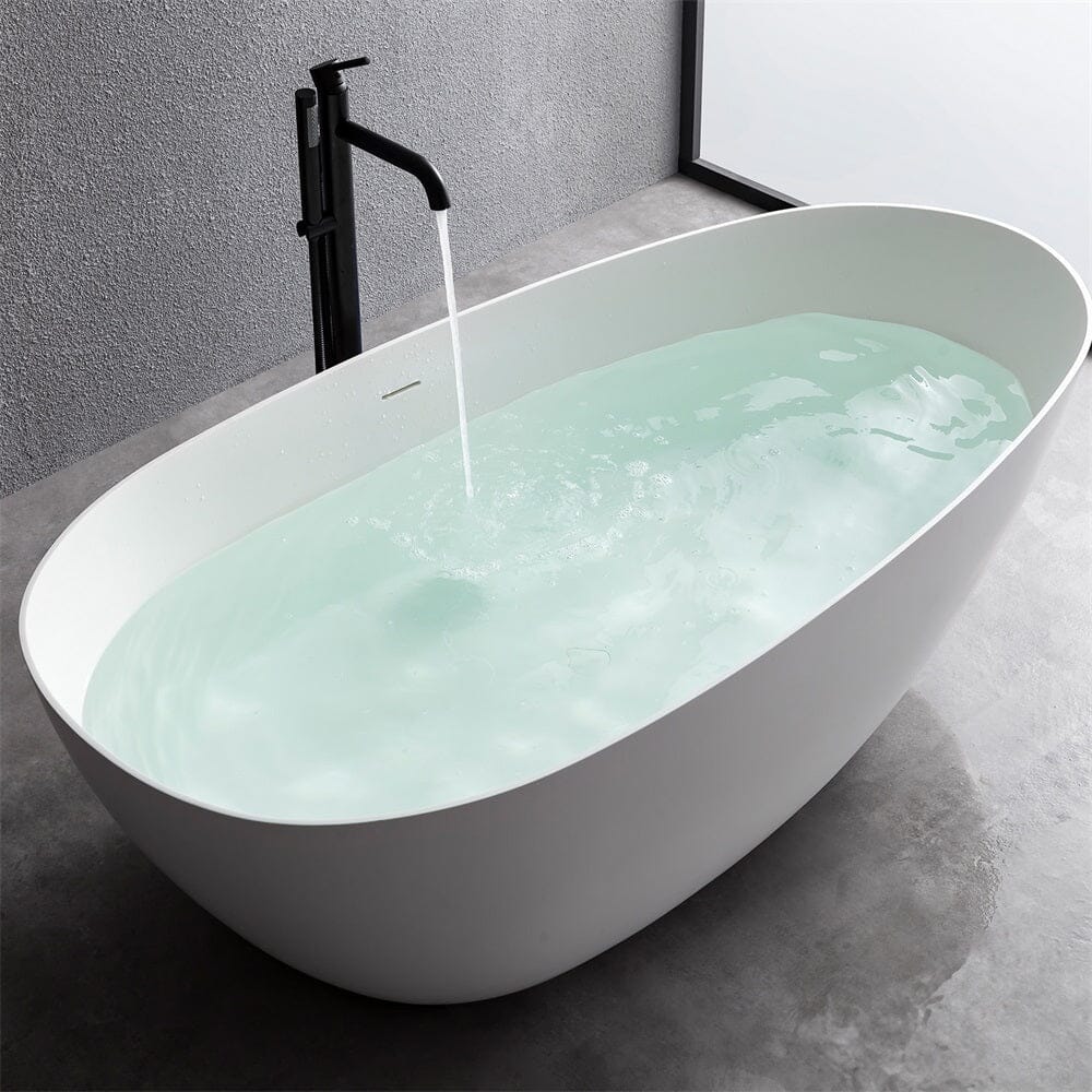 67" Solid Surface Stone Resin Oval-shaped Matte White Freestanding Soaking Bathtub with Overflow